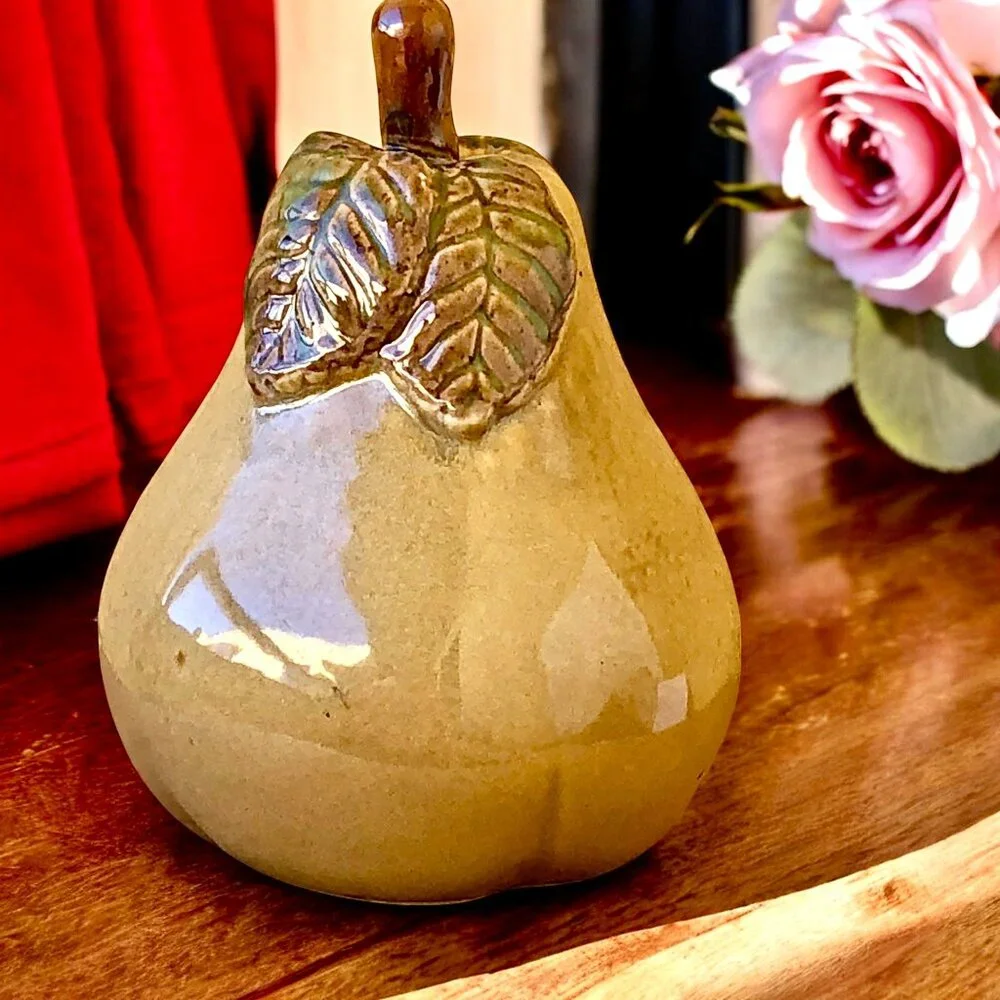 Ceramic Pear Fruit With Leaf Stem Decorative Figurine 7.6